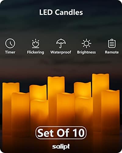 salipt Battery Operated LED Candles, Flickering Flameless Candles, Fake Candles Outdoor Waterproof, Remote Control, 2.2 Inch Diameter White Candle Set of 10, H 4" 5" 6" 7"