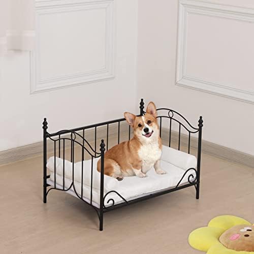  Pet bed, Dog bed with Metal Frame and Detached White Velvet Cushion with 2 Pillow for Small Dog (black)