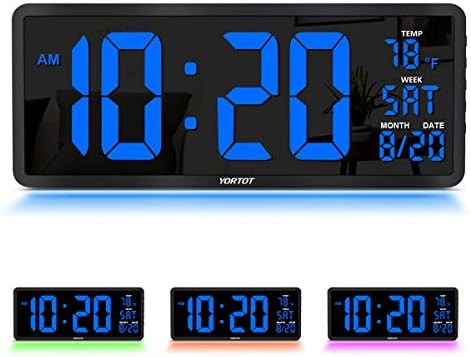 YORTOT 16 Inch Large Digital Wall Clock with 4 Level Brightness Dimmer, Remote Control, 7 Color Night Light, Big Blue Number LED Display with Indoor Temperature, Date and 12/24H, DST, Fold Out Stand