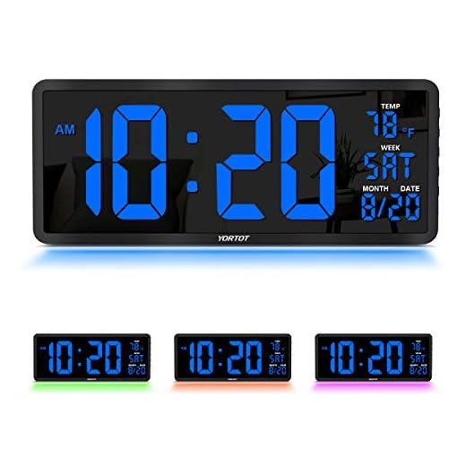 YORTOT 16 Inch Large Digital Wall Clock with 4 Level Brightness Dimmer, Remote Control, 7 Color Night Light, Big Blue Number LED Display with Indoor Temperature, Date and 12/24H, DST, Fold Out Stand