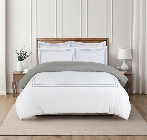Majestic Giftware Madison Linen 4 Pcs 48" Full Size Duvet Bedding Set (BL56-48F-4pcs) Riviera - Gray 400 TC 100% Cotton Sateen |1 Fitted Sheet, 1 Duvet, 2 Pillowcases - Noble Collection