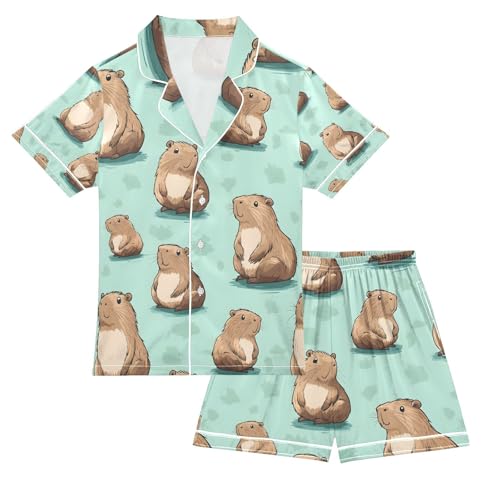 senya Cute Capybara Pattern 1 Satin Summer Pajama Sets Silk Short Sleeve Button Down Sleepwear