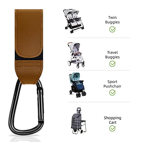 MEISO 3 Stück Kinderwagen Organizer Haken Clip, Anti-Rutsch Universale Passform, Leder karabiner Kinderwagen taschenhalter Organizer Hakenclip für Einkaufs, Umkleide und Windel Taschen（Braun）