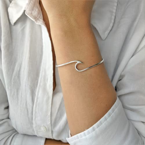 Silverly Ocean Wave Thin Solid Silver Bangle - Beach Inspired Sterling Silver Bracelet for Women - Wavy Silver Torque Bangle - Adjustable Cuff Bracelets for Daughter2