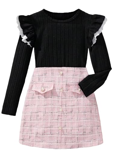 Image of Floerns Girls 2 Piece Outfit Ruffle Trim Long Sleeve T Shirt and Short Skirt Set