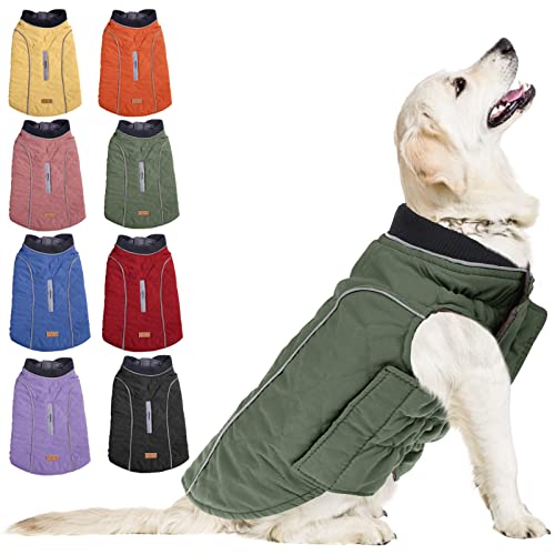 Koeson Windproof Dog Cold Weather Coat, Reflective Pet Winter Thick Warm Outdoor Jacket With Harness Hole, Comfy Cotton Apparel Padded Vest For Small Medium Large Dogs Green Xl #TOP23