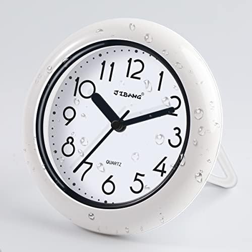 JIBANG Bathroom Wall Clock, Waterproof Suction Cup Silent Non Ticking Clocks with Stand for Desk Bedroom Home Office School (4 Inch, White)