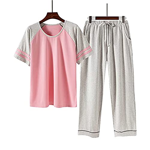 coersd Women Summer Tops+Long Pants Set Casual Short Sleeve Two Pieces Split Trendy Pajamas Loose Fit Home Suit,Pink,Summer Tops for Women Sun Dresses Women Summer,X-Large