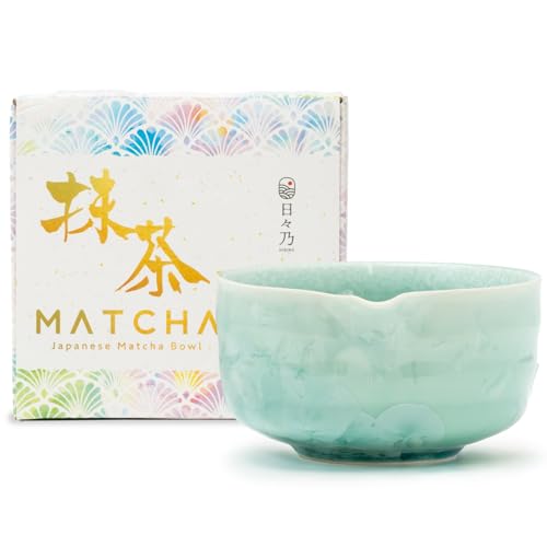 HIBINO Matcha Bowl | Japanese Crystal-Glazed Ceramic Matcha Tea Bowl with Spout | Traditional Matcha Chawan | Designed in Japan |Crystal Shell Green
