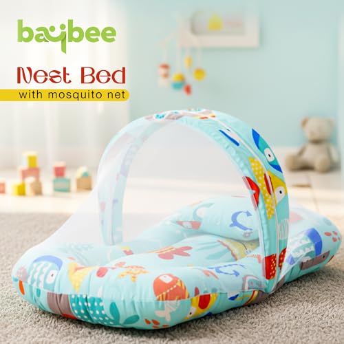 Image of BAYBEE 3 in 1 Baby Bedding Set with New Born Mosquito Net, Bed Mattress & Neck Pillow, Foldable Portable Nest Travel Bed, Baby Gift for Boy Girl (Lite Green)