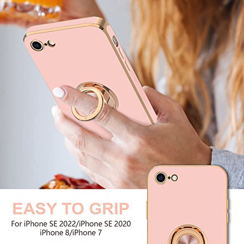 Image of Hython Case for iPhone SE 2022, iPhone SE 2020, iPhone 7 Case, iPhone 8 Case with Ring Holder Stand Magnetic Kickstand, Plating Rose Gold Soft TPU Bumper Camera Protection Shockproof Phone Cases-Pink