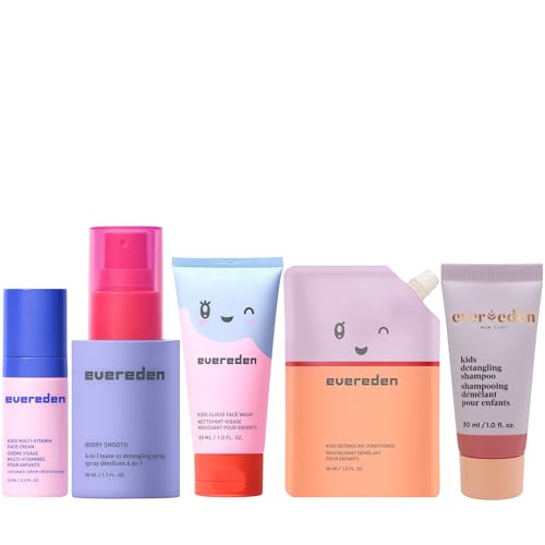 Evereden Kids Travel Set: Clean & Vegan 5-Piece Holiday Gift Set | Skin Care Set for Toddlers with Detangling Spray Face Wash Cream Shampoo Conditioner | Travel Size Toiletries | TSA approved