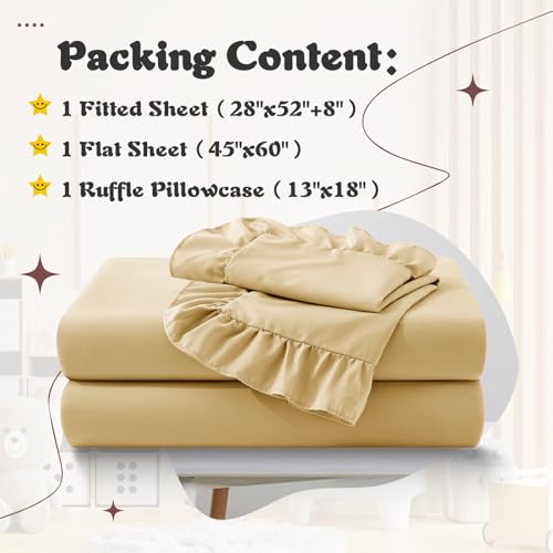 Image of KKJIAF 3 Piece Toddler Sheet Set Microfiber, Includes a Flat Sheet, a Fitted Sheet and a Ruffle Pillowcase, Gold