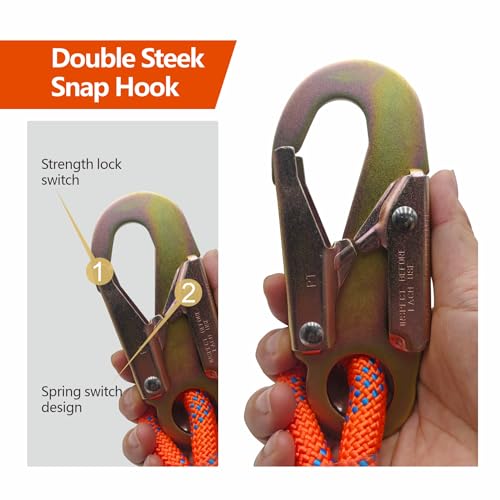 Image of Fall Protection Rope for Roofing Tree Climbing, 25ft Harness Safety Lanyard, Vertical Rope with Grab Snap Hooks Shock Absorber Safety Equipment Orange