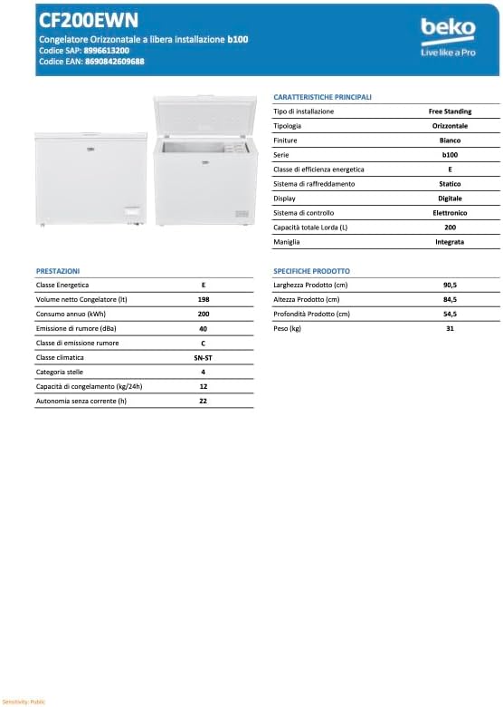 Technical specifications sheet for Beko CF200EWN freezer