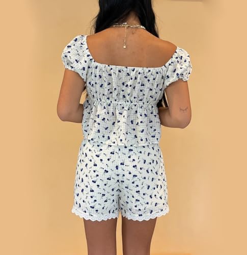 Image of ROAONOCOMO Women Floral Pajama Set Ruffle Puff Sleeve Peplum Shirt Coquette Pj Set Bow Babydoll 2 Piece Shorts Outfit