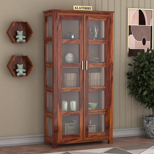 Image of Wooden Book Shelf with Glass Door || Wooden Bookcases for Home Library || Kitchen Crockery Cabinet Storage, Book Rack, Shelves, Book Shelf Home Office Living Room Furniture, Honey Finish