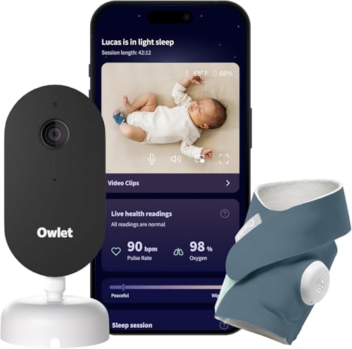 Owlet Dream Duo (3rd Gen) Medically-Certified Smart Baby Monitor with Sock & HD Video Cam Tracks Pulse Rate Oxygen & Sleep 2K HD Video Cry & Motion Alerts Temp Monitoring | Bedtime Blue