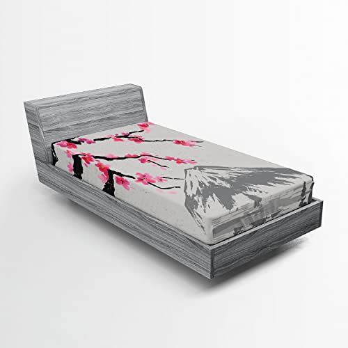 Ambesonne Japanese 2 Pack Fitted Sheet, Fujiyama Cherry Blossoms, Bed Cover All-Round Elastic Deep Pockets 2 Pieces, Package Contains 2 Twin Size Fitted Sheets, Black Grey