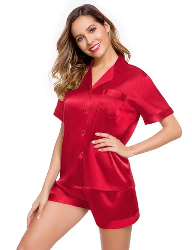 Image of LecGee Womens Silk Satin Pajamas Short Sleeve Loungewear Two-Piece Sleepwear Button-Down Pj Set