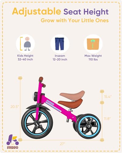 Image of KRIDDO Kids Tricycle, 12 Inch Puncture Free Rubber Wheel w Front Light, Adjustable Seat Height, Gift for 2-5 Year Olds, Pink