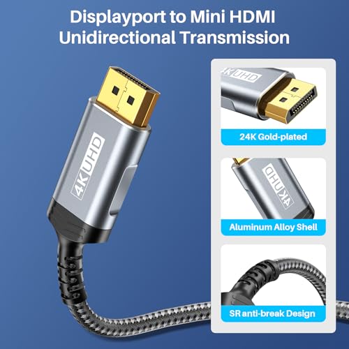 Image of LDLrui DisplayPort to Mini HDMI Cable 5FT,UHD 3840P /4K@60Hz DP to Mini HDMI Uni-Directional Cord (Nylon - Bend Resistant) for Desktop, Laptop, Portable Monitor,AMD, NVIDIA, ARZOPA, Projector,Mini PC