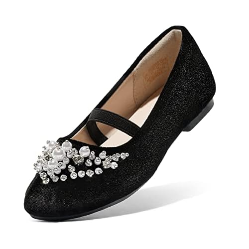 DREAM PAIRS Girls Ballet Flats Flower Shoes Mary Jane Ballerina Flat Dress Shoes for Daily/Wedding/Party 4 Toddler Black/Suede