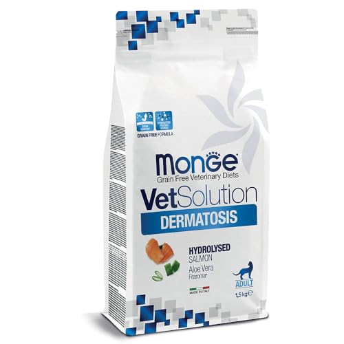 Monge VetSolution Dermatosis Feline Hydrolysed Salmon - Salmone con Aloe Vera per Gatti - Confezione da 1,5 Kg