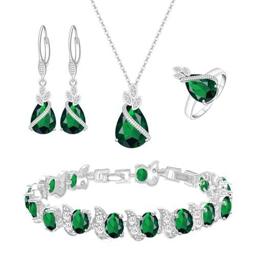 LMXXVJ Created Green Emerald Jewelry Set for Women,Platinum Plated Necklace Ring Earrings Bracelet...