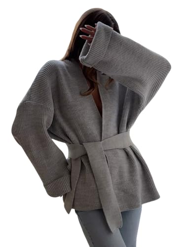utcoco Womens Oversized Knit Cardigan Belted Wrap Sweater Long Sleeve Loose Fit Open Front Coat for Fall & Winter