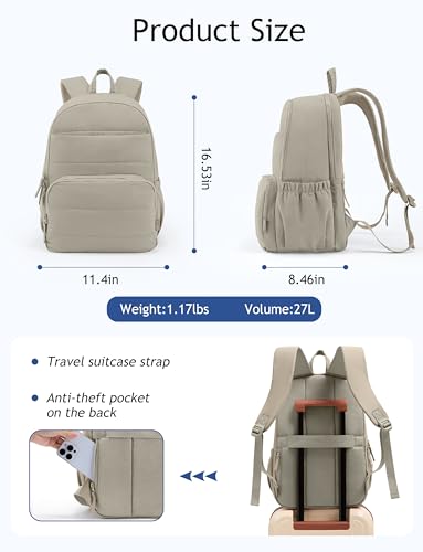 Image of Uselike Travel Backpack for Women, 15.6 Inch Laptop Backpack, Quilted College Bookbag, Cute Work Backpacks, Water Resistant (Khaki Ash)