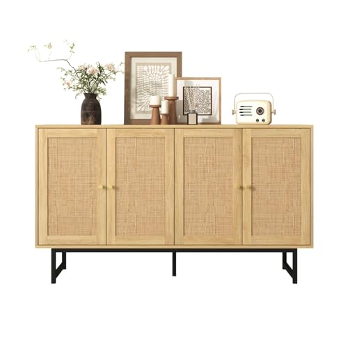 Billg Aparador de 4 Puertas de Ratán, Bueffet para Salón 140cm, Estantes Ajustables, Pies Metálicos, Moderno Armario Auxiliar Entrada, Aparador Mueble de Cocina, 140 x 39.5 x 80cm