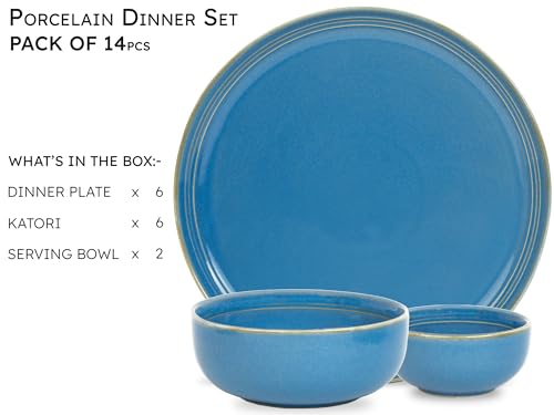Image of Bodhi House Handcrafted Chip Resistance Porcelain Dinner Set, 14 Pieces Dish Set Serving for 6, Microwave and Dishwasher Safe, Bone-ash Free, Crockery Set for Dining and Gifting, Mid Blue