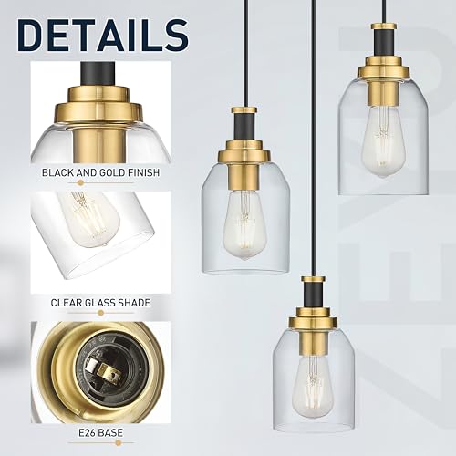 Image of zeyu 3-Light Pendant Light Fixture, Modern Cluster Pendant Lighting, Hanging Light Fixture for Kitchen Island, Clear Glass Shade, Black and Gold Finish, ZG33-3 BK+BG