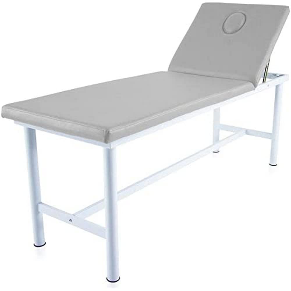 QUIRUMED Table de Massage Fixe en Acier, Similicuir, Argent, avec visière, Trou Facial, Dossier réglable, légère, 186 x 62 x 69 cm, jusqu'à 120 kg.