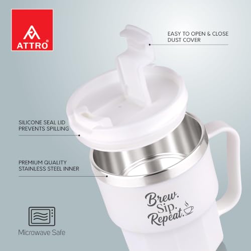 Image of ATTRO Sipzo Double Wall Inner Steel Coffee Mug, 350ml, Microwave Safe, Stainless Steel Inner, BPA Free Food Grade Outer, Leakproof Lid with Dust Cover, Wide Mouth, Office & Travel Mug-White