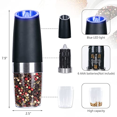 2 Pack Gravity Electric Salt And Pepper Grinder Set Automatic Battery Powered Salt Mill, Adjustable Coarseness, With Blue Led Light, One Hand Operated #TOP4