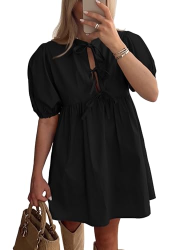 PRETTYGARDEN Womens 2025 Summer Casual Short Sleeve Dresses A Line Bow Tie Front Babydoll Loose Cute Mini Dress with Pockets