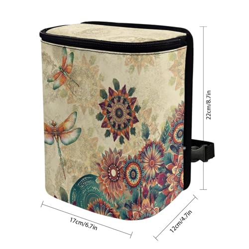 Image of Talayituse Vintage Boho Mandala Dragonfly Print Car Trash Bin, Large Size Auto Trash Can Adjustable Portable Garbage Can with Lid, Vehicle Hanging Bag for Headrest Front Back Seat