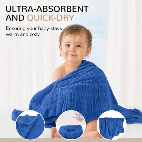 Image of 3-Pack Muslin Hooded Baby Towels, Green + Grey + Dark Blue, 35 inch X 35'' | 100% Cotton, Ultra-Soft & Highly Absorbent ,Quick-Dry for Delicate Skin, For Babies, Toddler and Newborn
