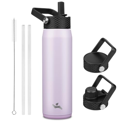 Image of Konokyo 25oz Insulated Stainless Steel Water Bottle with 3 Lids, Leakproof BPA-Free Bottle with Straw Lid, Sip Lid and Flex Cap for Gym, Travel, School, Office, Taro Purple