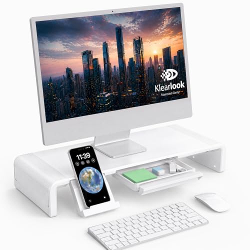 Monitor Stand Riser Klearlook Foldable Height Adjustable Computer Stand Desk Shelf Riser with Storage Drawer &Tablet Phone Stand for Desktop Laptop (White)