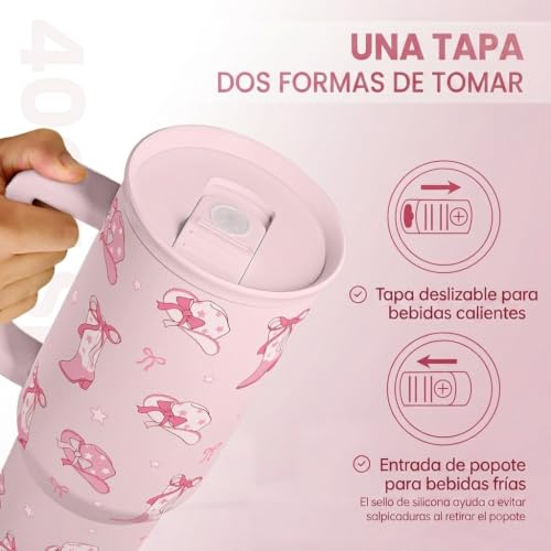 Image of SANDJEST Cowgirl 40oz Slider Tumbler with Handle and Straw - Insulated Stainless Steel Travel Coffee Mug for Women Girls, Gift for Birthday, Christmas