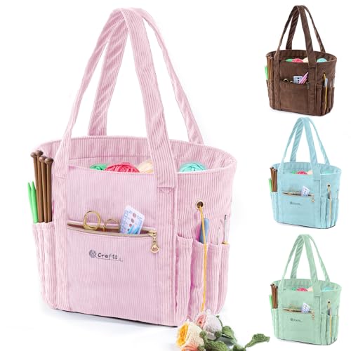 Image of MYBAGZING Corduroy Crochet Bag 11.5 inch Large Yarn Storage Tote with Grommets, Needle Holders - Knitting Bag Organizer for Crochet Hooks, Accessories, Tools & Projects -Gift for Knitters & Crafters