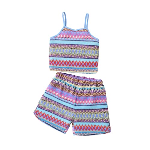 Image of Kids Toddler Girls Summer Clothes Button Design Striped Tank Top + Floral-Print Elastic Shorts 2 Piece Outfits