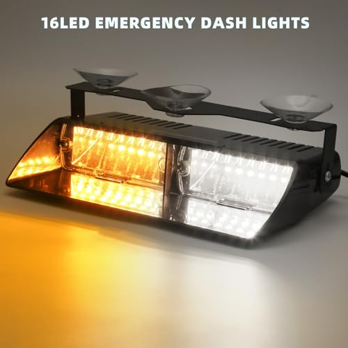 PKINGLAKE Amber/White LED Dash Emergency Strobe Light for Trucks Vehicles, 16 LEDs 12V Interior Windshield Visor Deck Hazard Flashing Safety Warning Lights Bar for Police Firefighter Law Enforcement