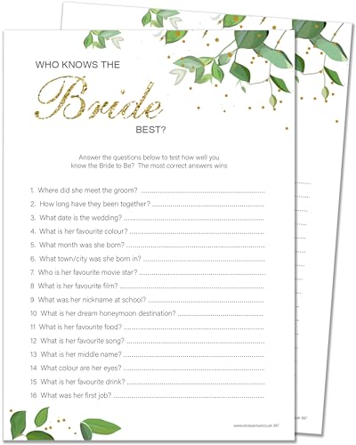 20 x Who Knows The Bride Best - Bridal Shower Hen Party Game - Botanicals Design (20 Guest Cards + 1 Card of Answers for The Host + Winner Certificate)