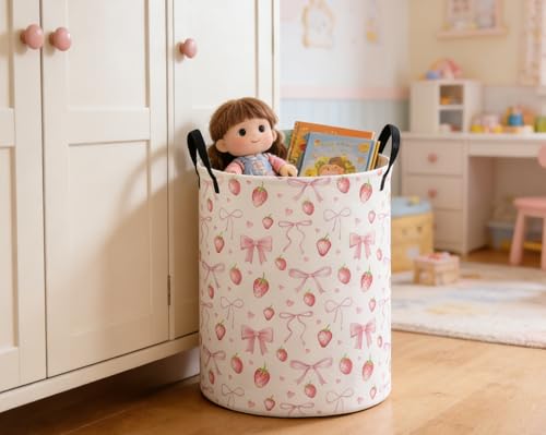 Image of ESSME Kids Laundry Basket,Strawberry Hamper Collapsible Canvas Waterproof Storage Bin for Girls, Cute Hamper,Gift Baskets(Strawberry)