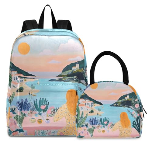 Backpack Lunch Box Set Large Capacity Travel Backpacks and Insulated Lunch Bag for Commute Hiking Picnic Landscape Art Print