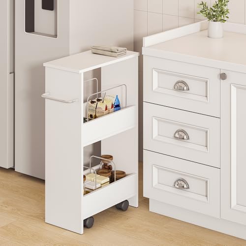 [en.casa] Chariot de Rangement à roulettes avec 2 Étagères Organisateur avec Poignée Pratique Freins d'Arrêt Peu Encombrant Cuisine Buanderie Salle de...